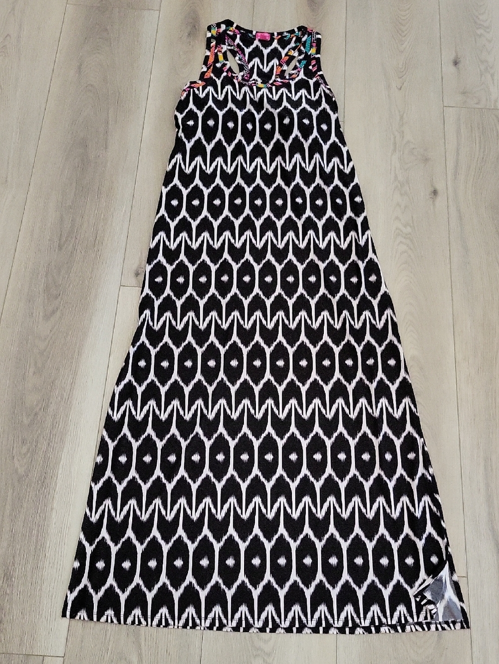 Trina Turk Black & White Geometric Maxi Dress with Colorful Waist Detail